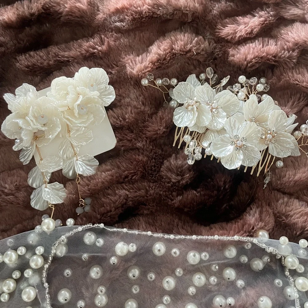 Bridal Accessory Bundle - earrings, peal shawl, flower hair piece - NEW